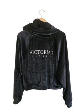 Victoria's Secret Black Velour Plush Logo Zip- Up Hoodie Size XL NEW